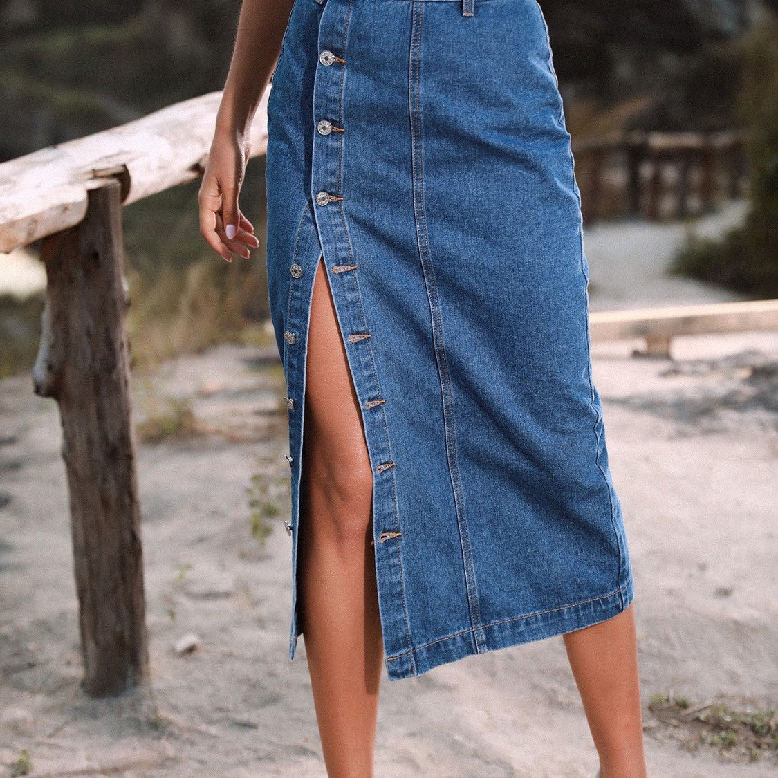 Button Down Denim Skirt - French Blue / XS
