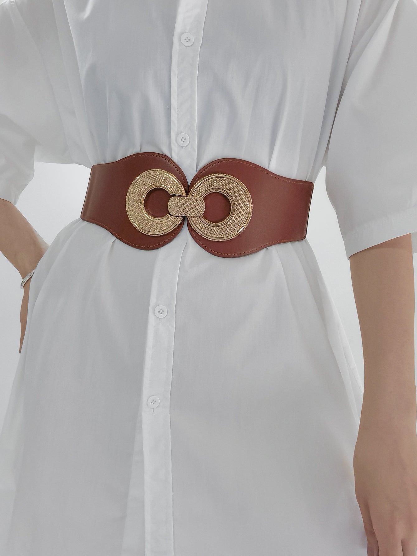 Alloy Buckle Elastic PU Belt - Caramel / One Size