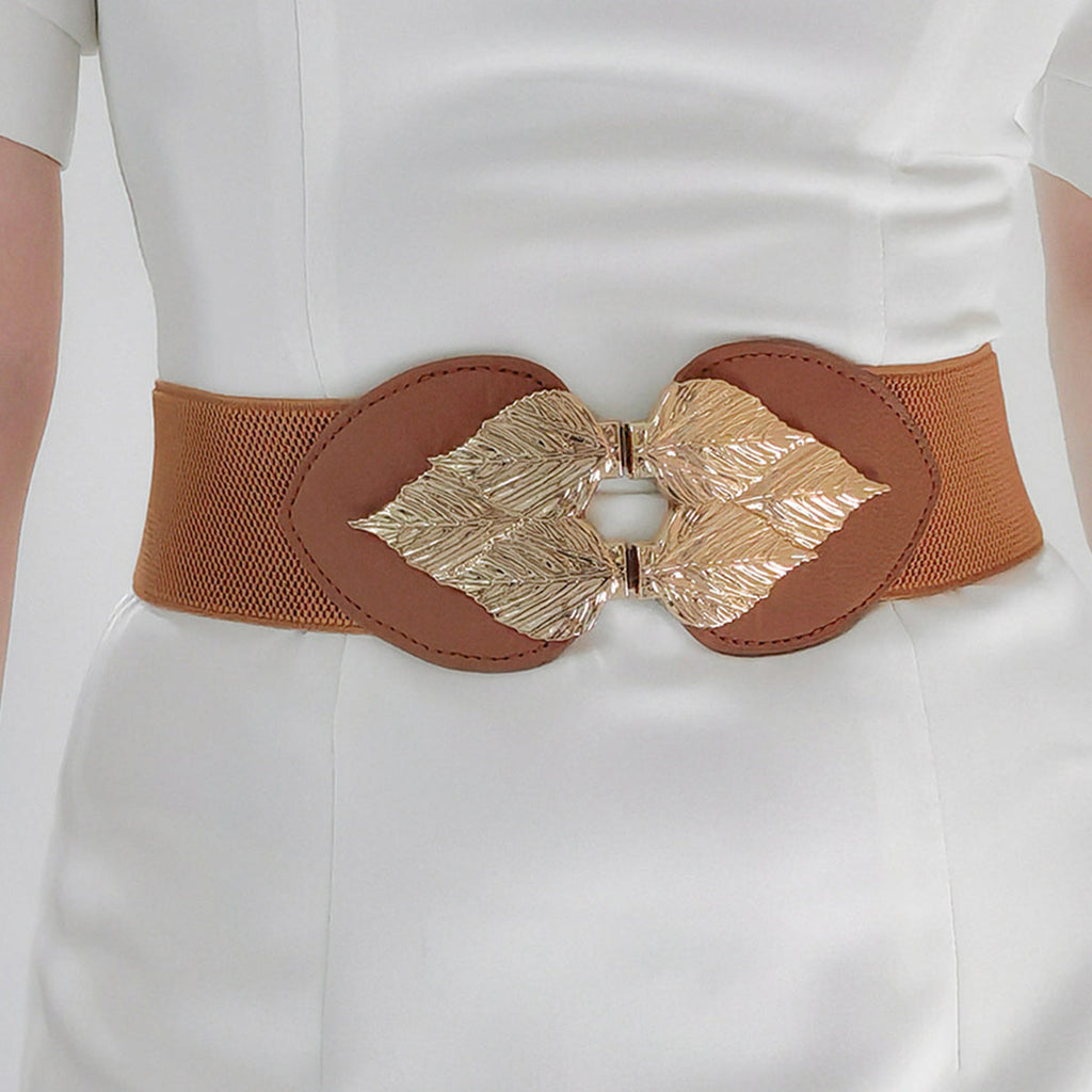 Alloy Leaf Buckle Elastic Belt - Caramel / One Size