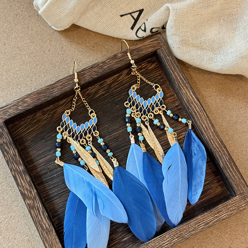 Alloy Rice Bead Dangle Earrings - Blue / One Size