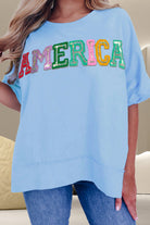 AMERICA Sequin Round Neck Half Sleeve T-Shirt - Light Blue / S