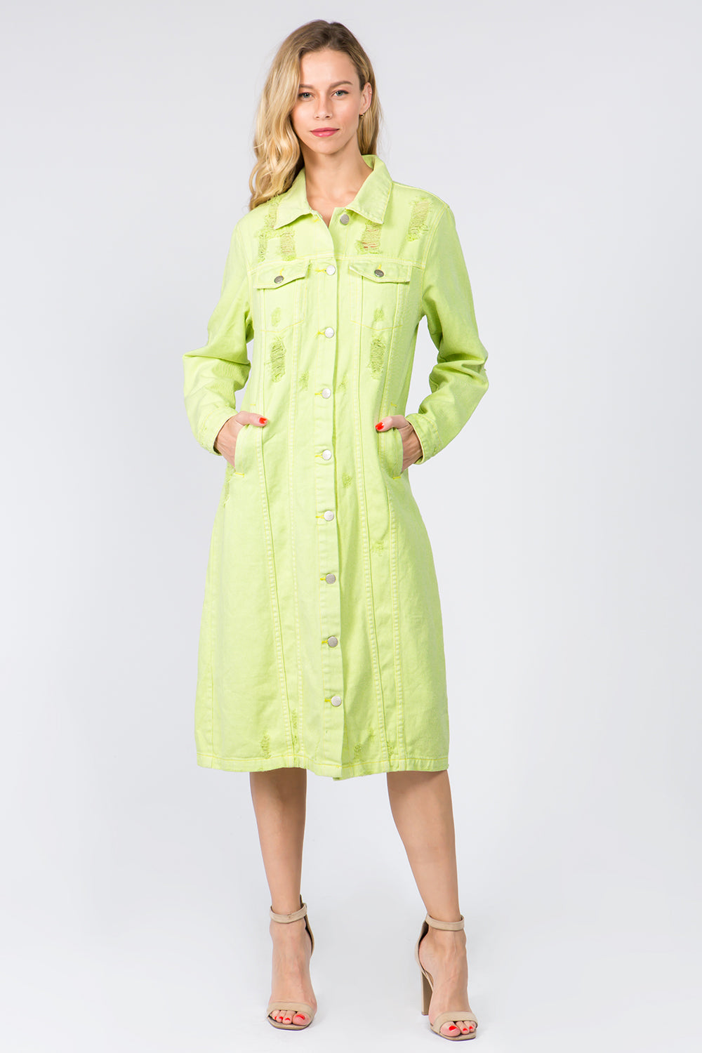 American Bazi Button Up Distressed Denim Dress - Lime / S