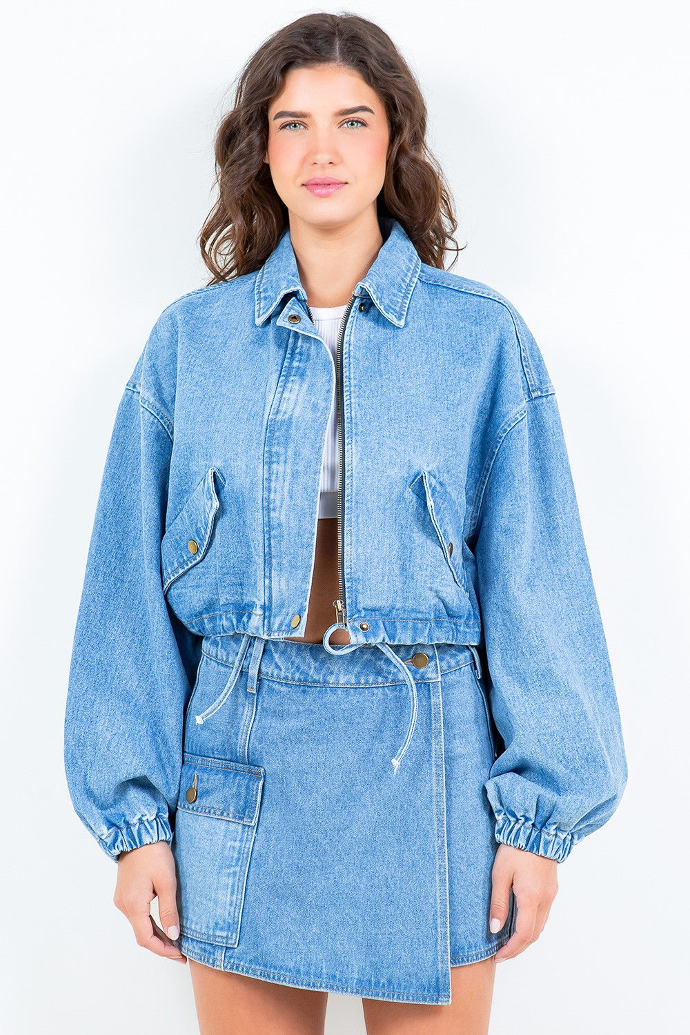 American Bazi Drawstring Waist Crop Denim Jacket - Blue / S
