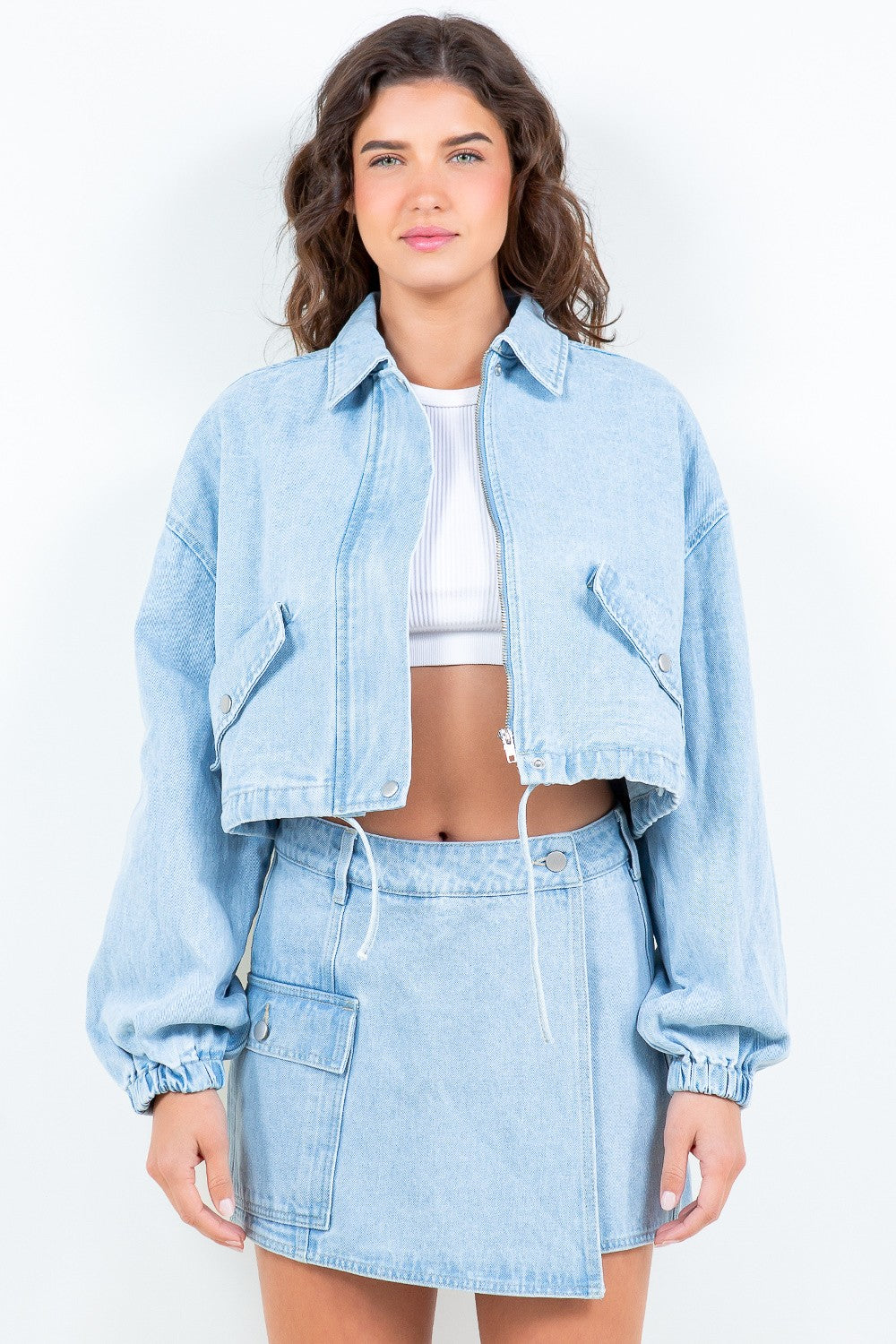 American Bazi Drawstring Waist Crop Denim Jacket - LT Blue / S