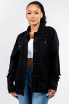 American Bazi Full Size Button Up Distressed Denim Jacket - Black / S