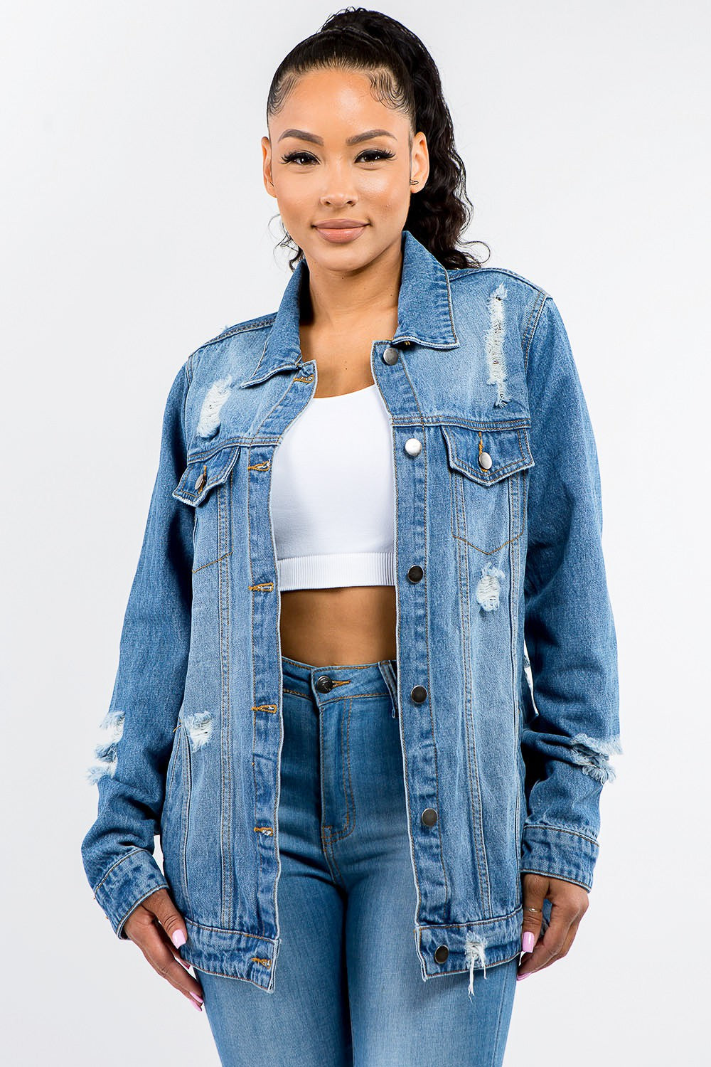 American Bazi Full Size Button Up Distressed Denim Jacket - Blue / S