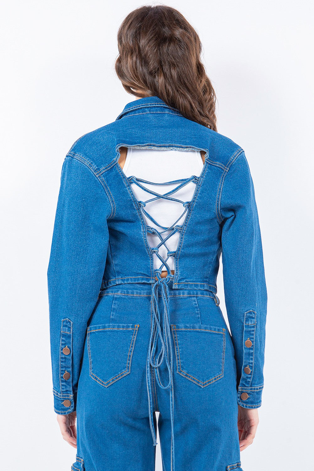 American Bazi Laced Back Cropped Denim Jacket