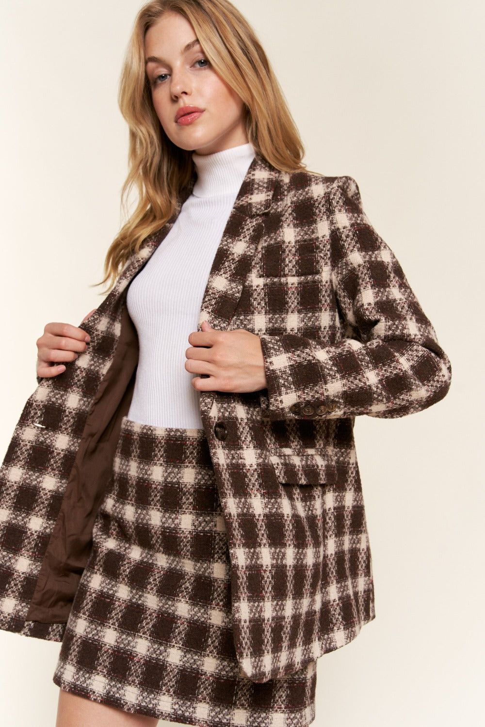 And The Why Full Size Plaid Brushed One Button Blazer - Brown / S