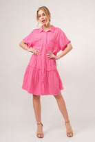 And The Why Full Size Raw Edge Washed Tiered Shirt Dress - Pink / S