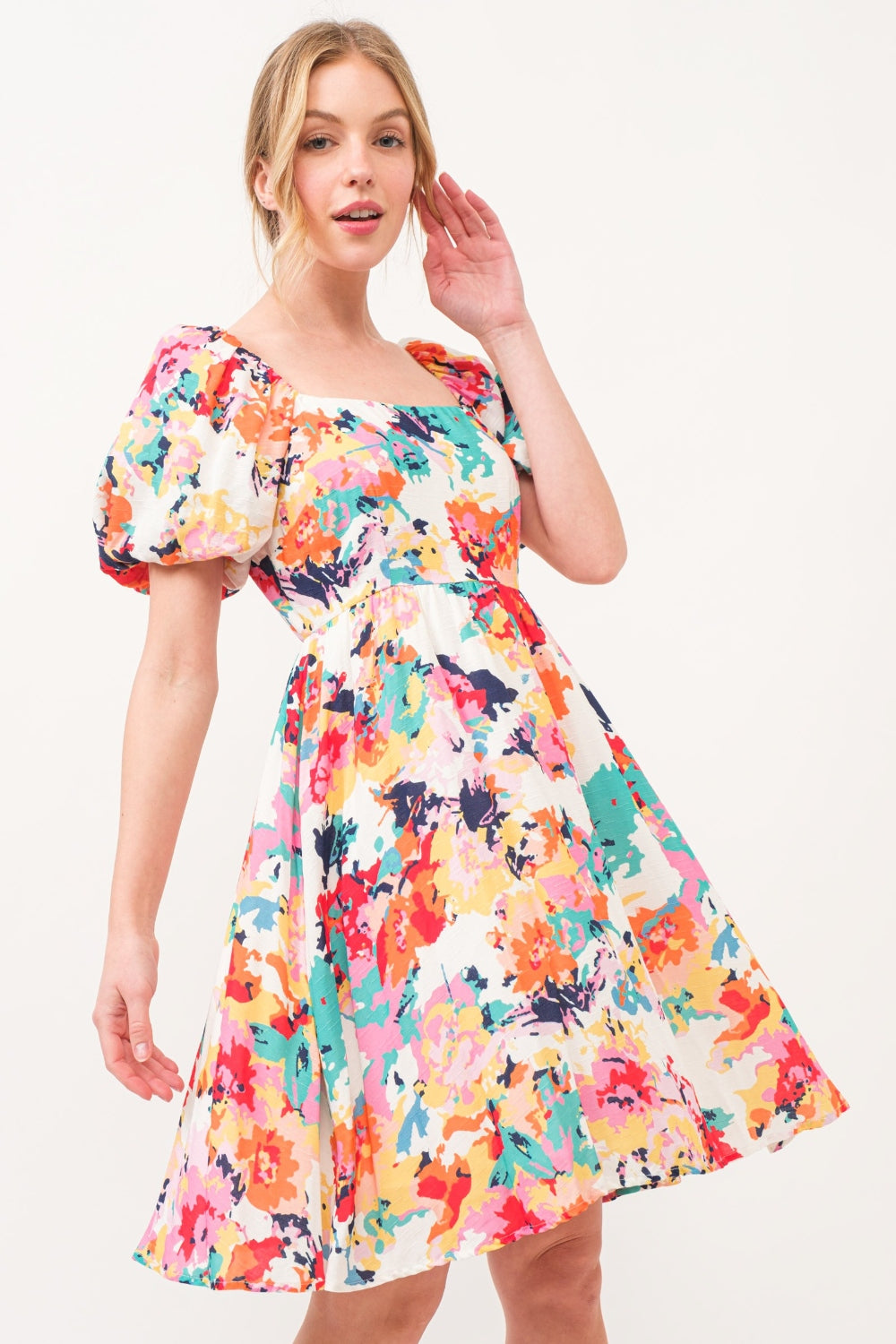And The Why Square Neck Puff Sleeve Floral Dress - Multi / S