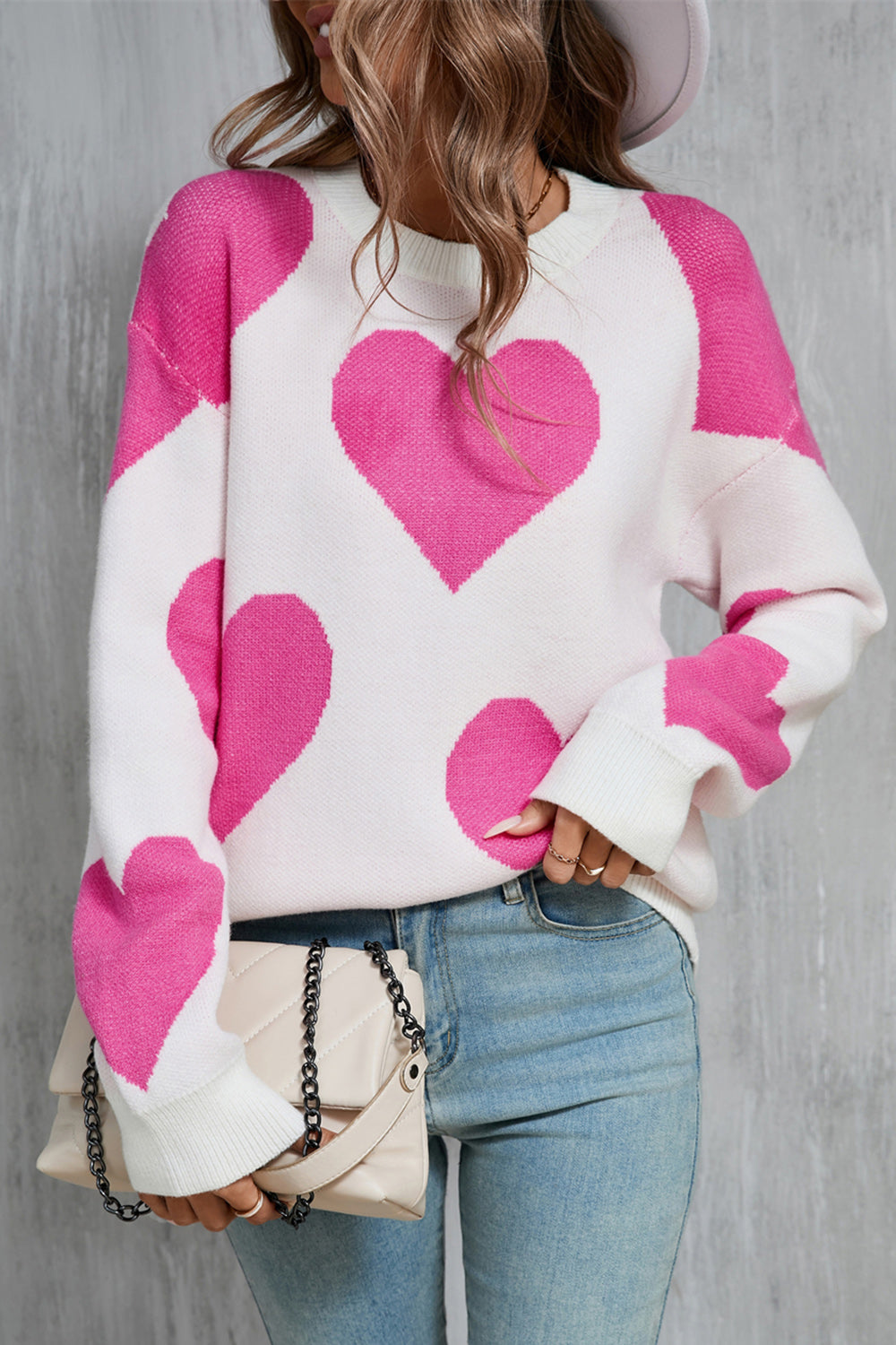 Angel Wings Contrast Heart Dropped Shoulder Long Sleeve Sweater - White / S