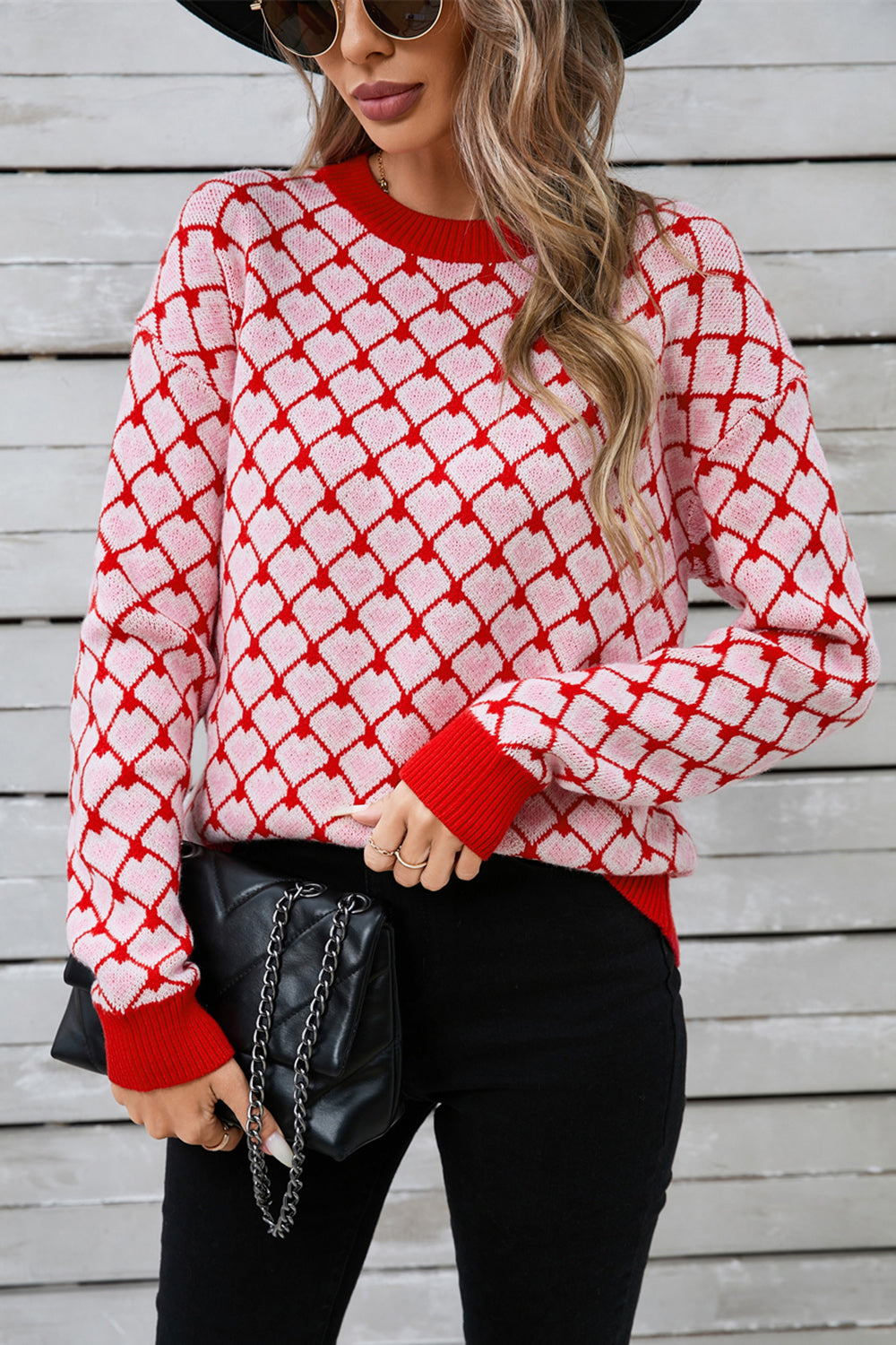 Angel Wings Contrast Round Neck Dropped Shoulder Sweater - Deep Red / S