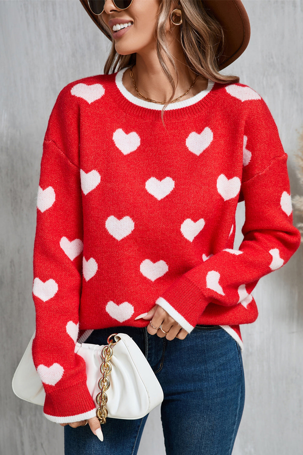 Angel Wings Contrast Trim Heart Round Neck Sweater - Red / S