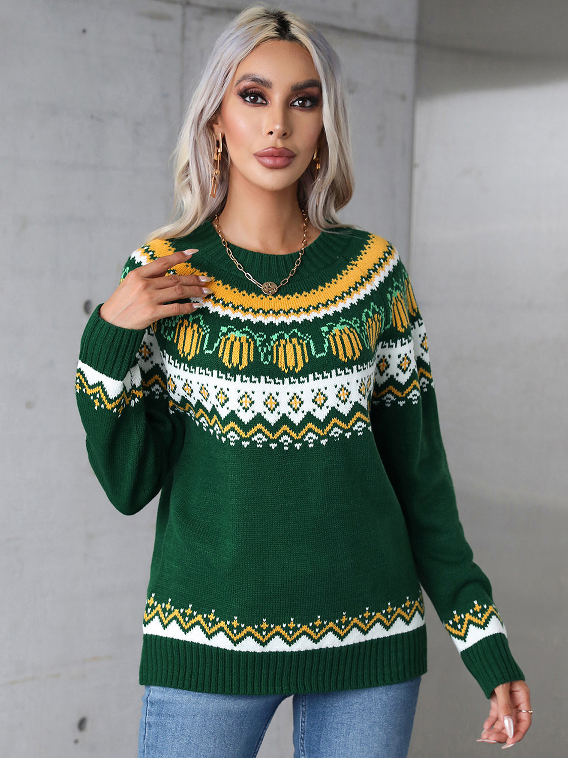 Angel Wings Geometric Round Neck Long Sleeve Sweater - Dark Green / S