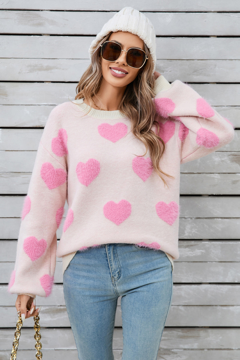 Angel Wings Heart Dropped Shoulder Long Sleeve Sweater - Blush Pink / S