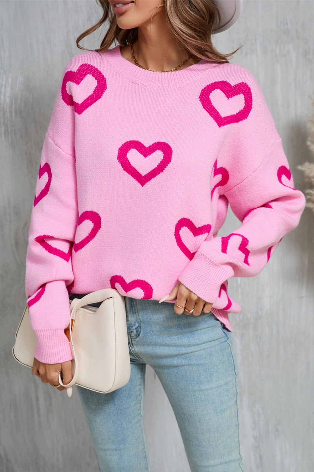 Angel Wings Heart Round Neck Dropped Shoulder Long Sleeve Sweater - Fuchsia Pink / S