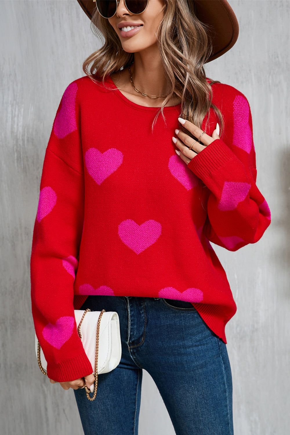 Angel Wings Heart Round Neck Dropped Shoulder Sweater - Red / S