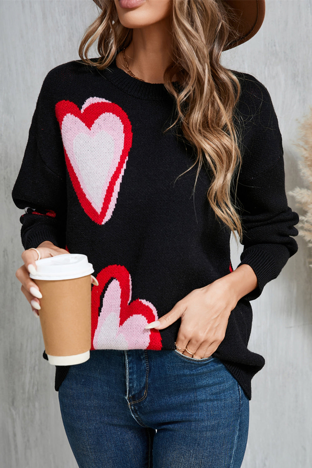 Angel Wings Heart Round Neck Long Sleeve Sweater - Black / S