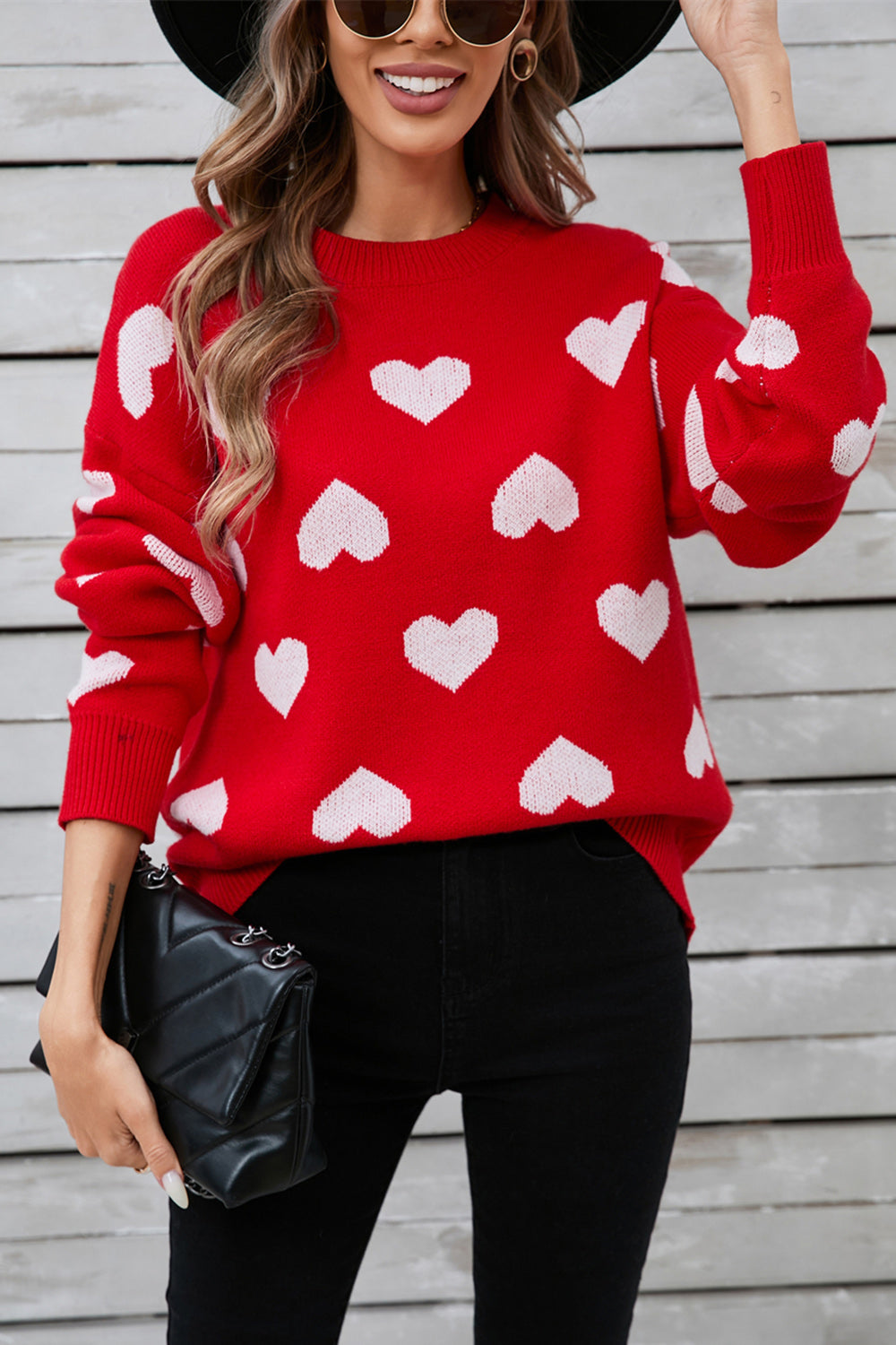 Angel Wings Heart Round Neck Long Sleeve Sweater - Deep Red / S