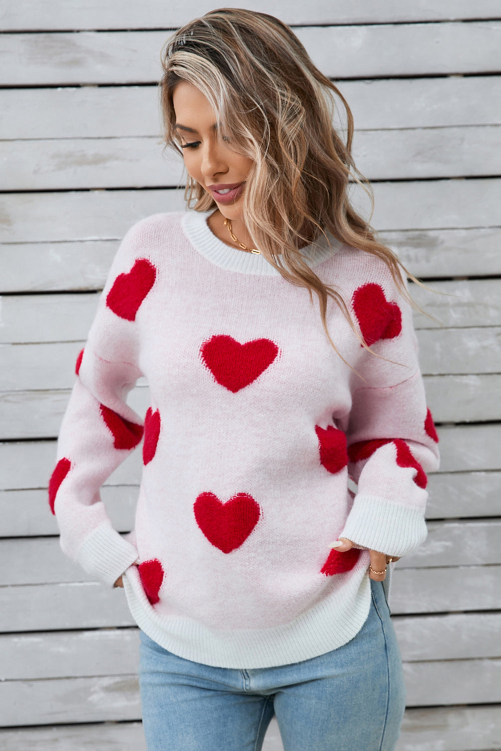 Angel Wings Heart Round Neck Long Sleeve Sweater - Deep Red / S