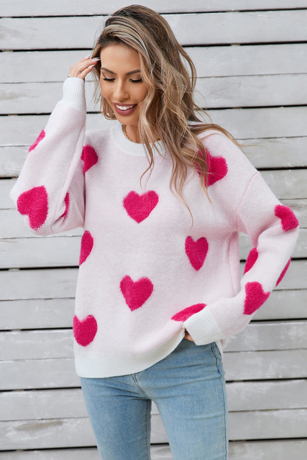Angel Wings Heart Round Neck Long Sleeve Sweater - Hot Pink / S