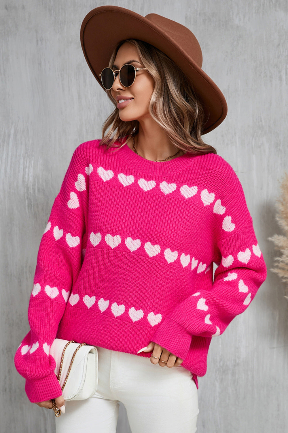 Angel Wings Heart Round Neck Long Sleeve Sweater - Hot Pink / S