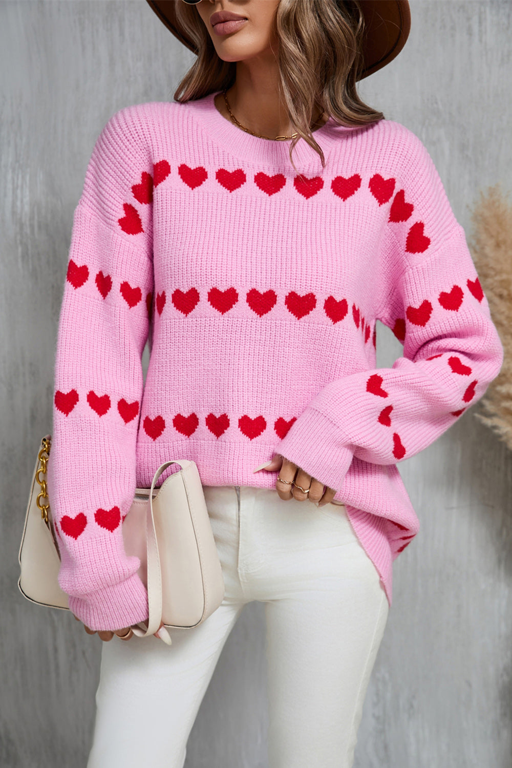 Angel Wings Heart Round Neck Long Sleeve Sweater - Pink / S