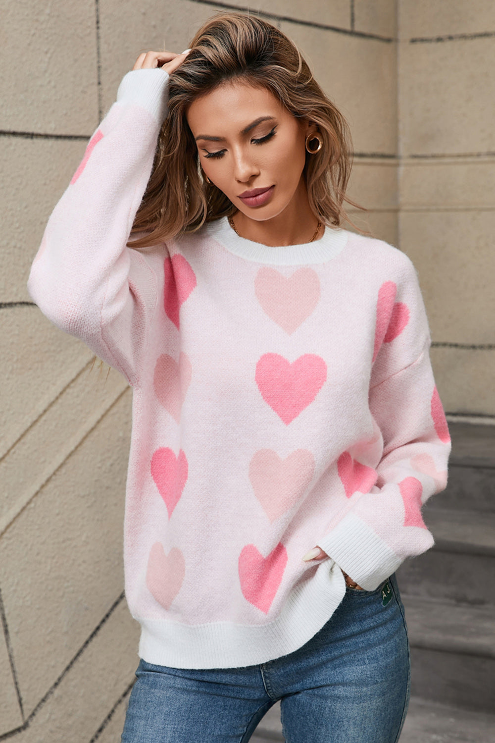 Angel Wings Heart Round Neck Long Sleeve Sweater - White / S