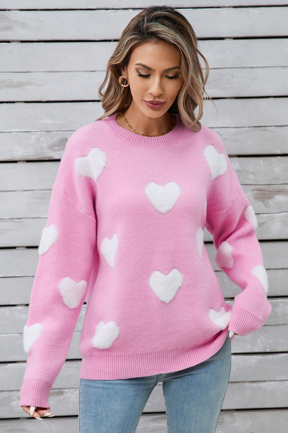 Angel Wings Heart Round Neck Long Sleeve Sweater - White / S
