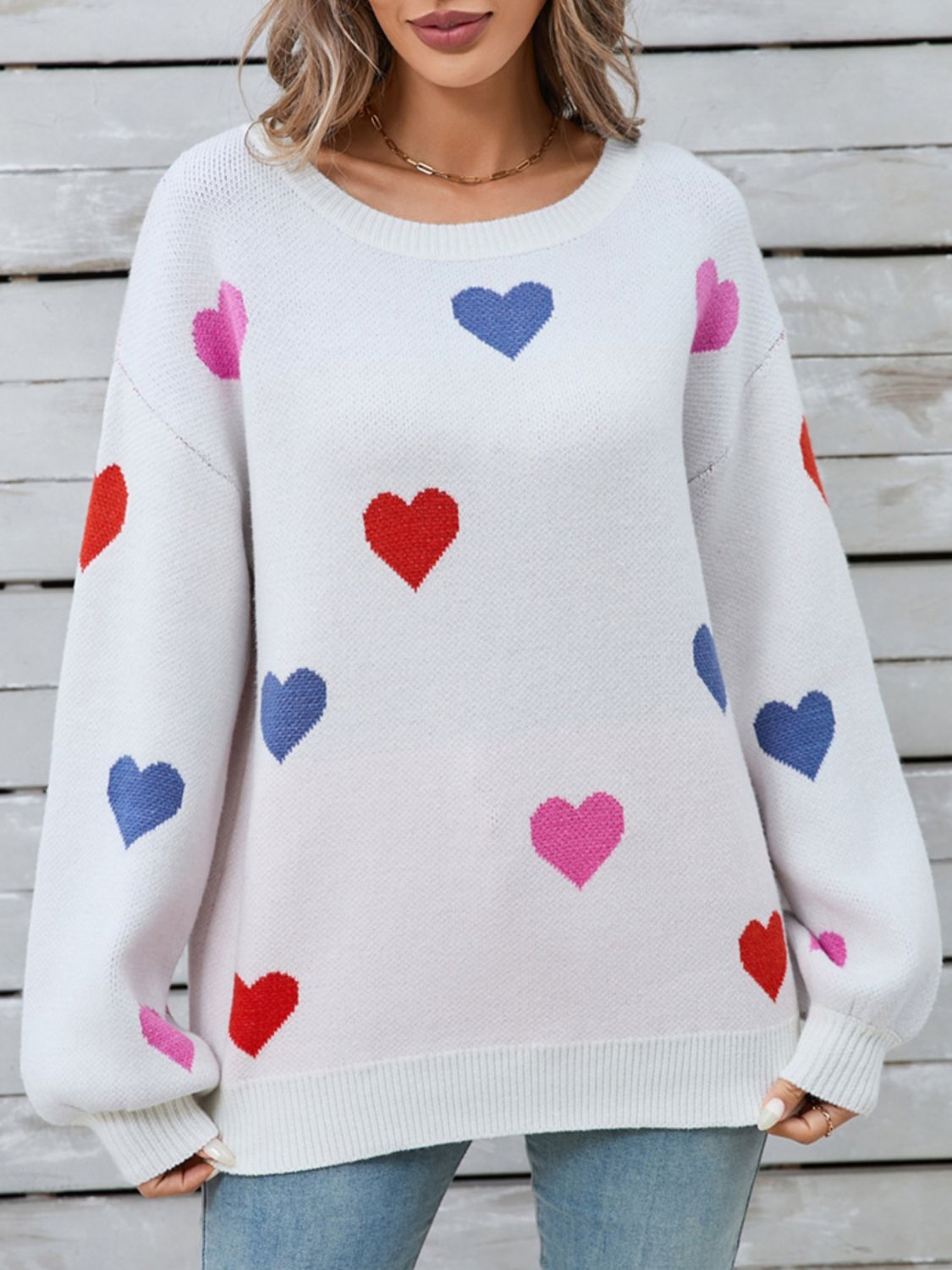 Angel Wings Heart Round Neck Long Sleeve Sweater - White / S