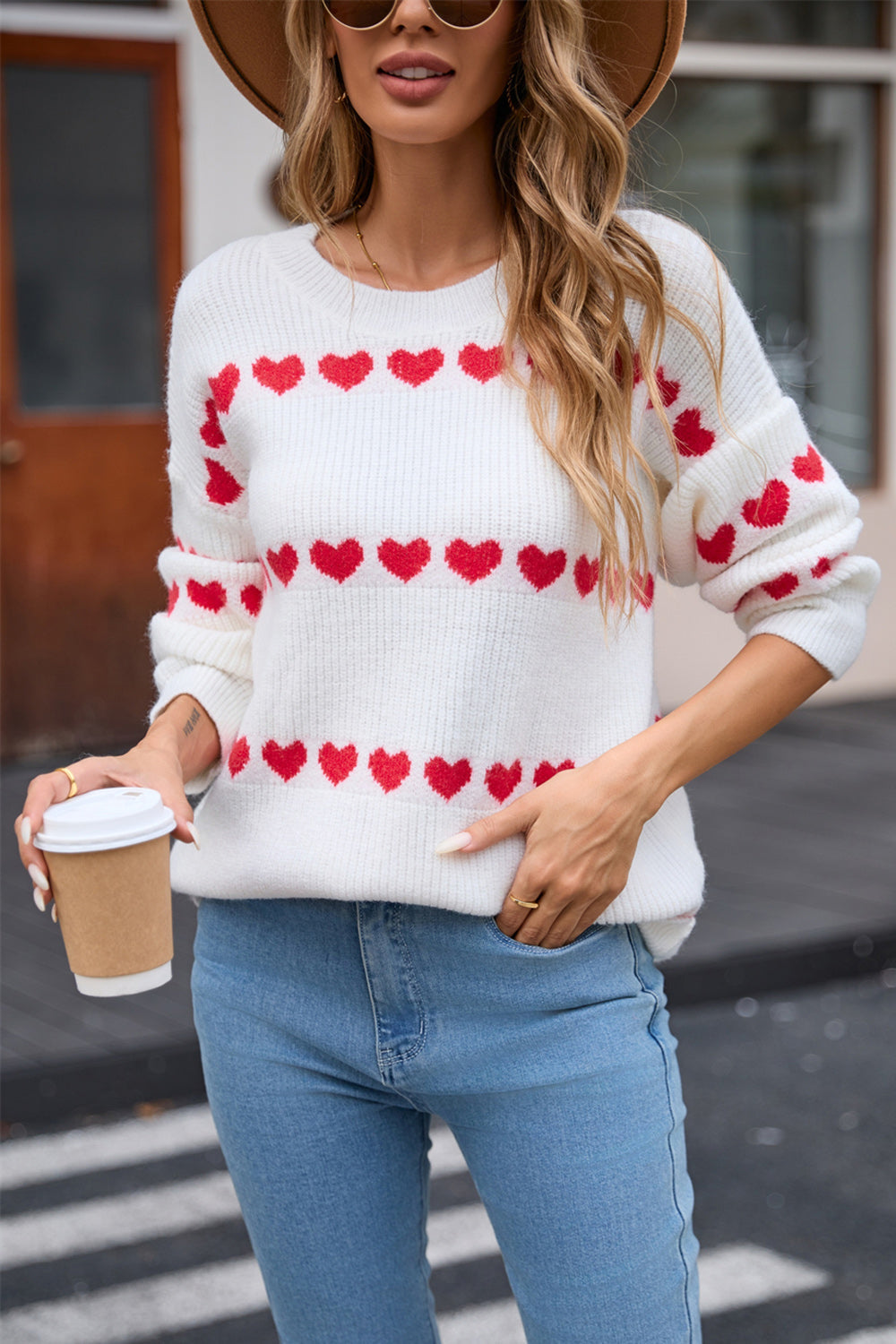 Angel Wings Heart Round Neck Long Sleeve Sweater - White / S