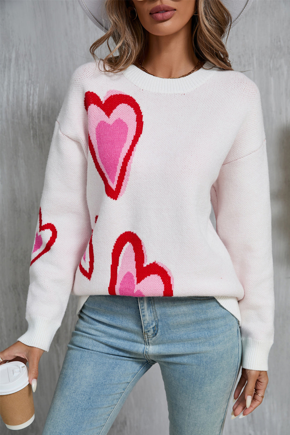 Angel Wings Heart Round Neck Long Sleeve Sweater - White / S