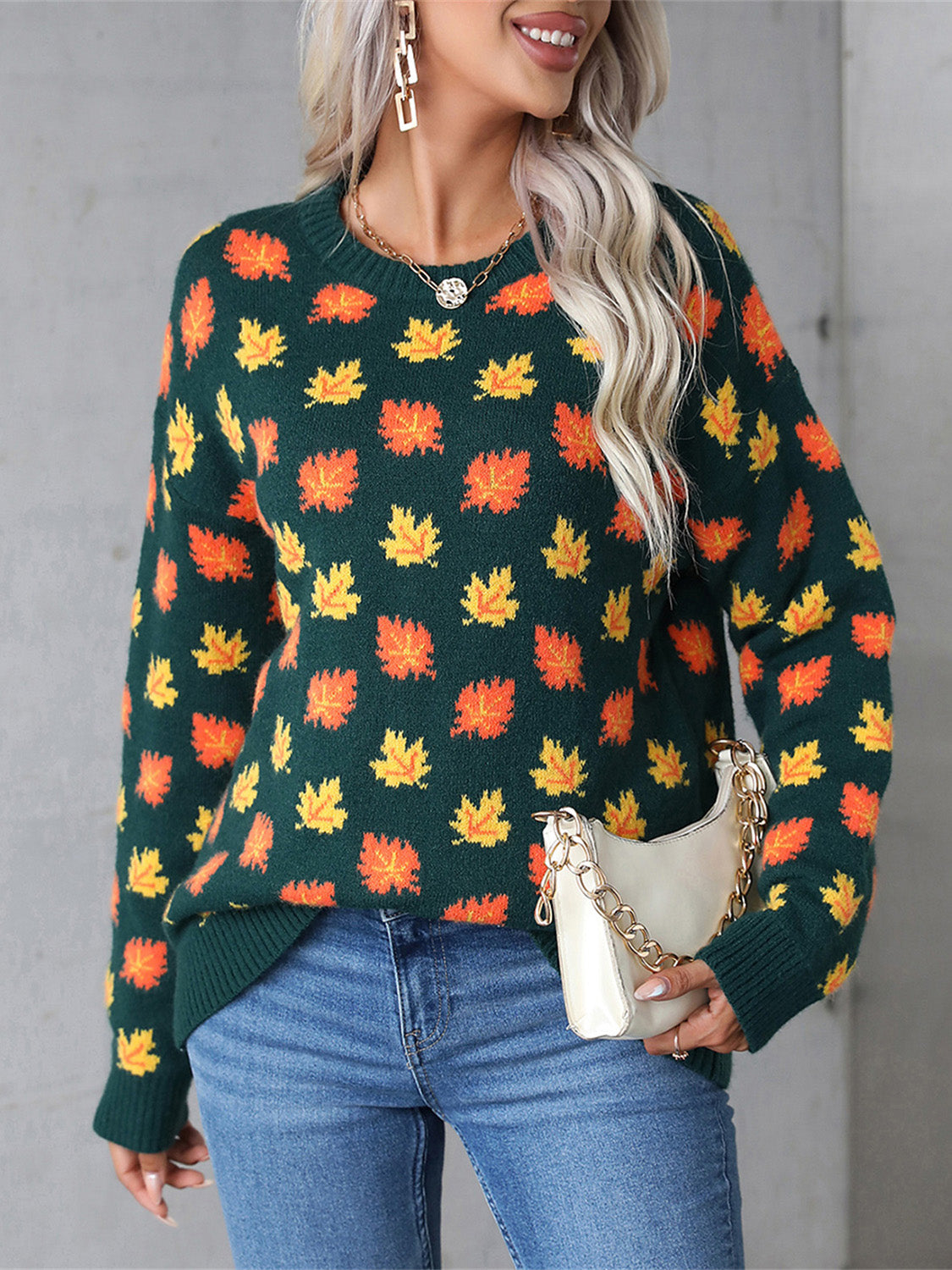 Angel Wings Maple Leaf Round Neck Long Sleeve Sweater - Dark Green / S