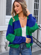 Angel Wings Striped Open Front Dropped Shoulder Cardigan - Dark Navy / S