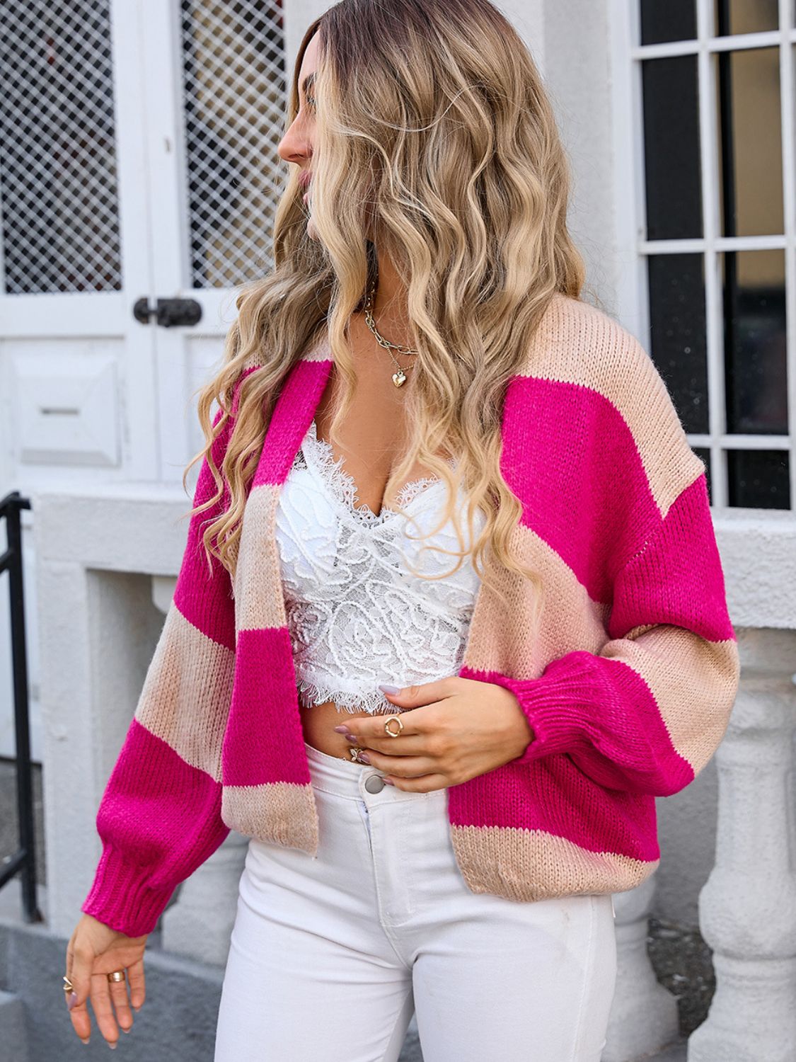 Angel Wings Striped Open Front Dropped Shoulder Cardigan - Deep Rose / S