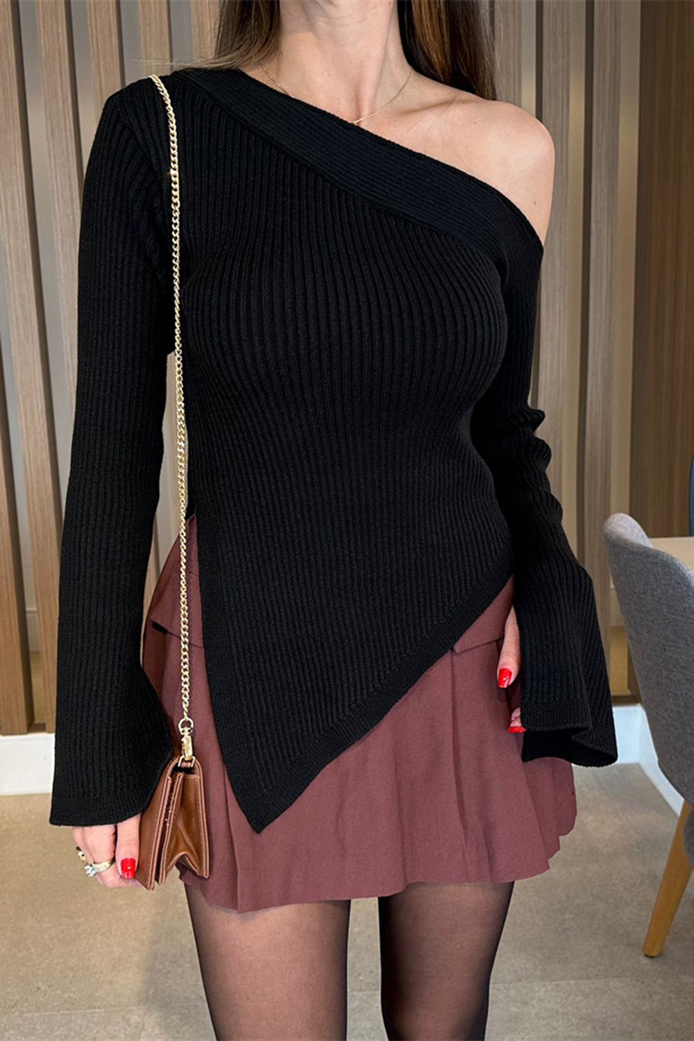 Asymmetric Hem Single Shoulder Sweater - Black / S