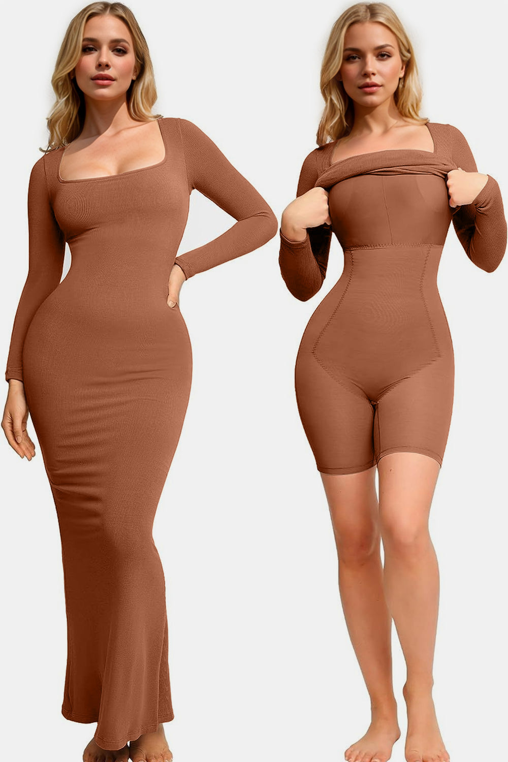 Basic Bae Built-In Shapewear Square Neck Long Sleeve Maxi Dress - Caramel / S