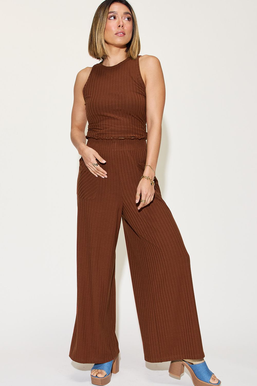 Basic Bae Full Size Ribbed Tank and Wide Leg Pants Set - Dark Brown / S