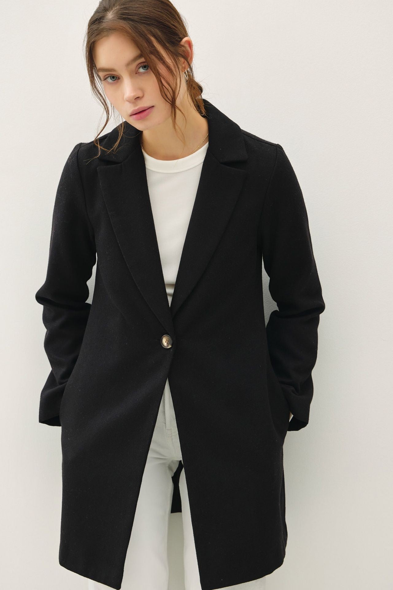 Be Cool Single Button Long Sleeve Coat with Pockets - Black / S