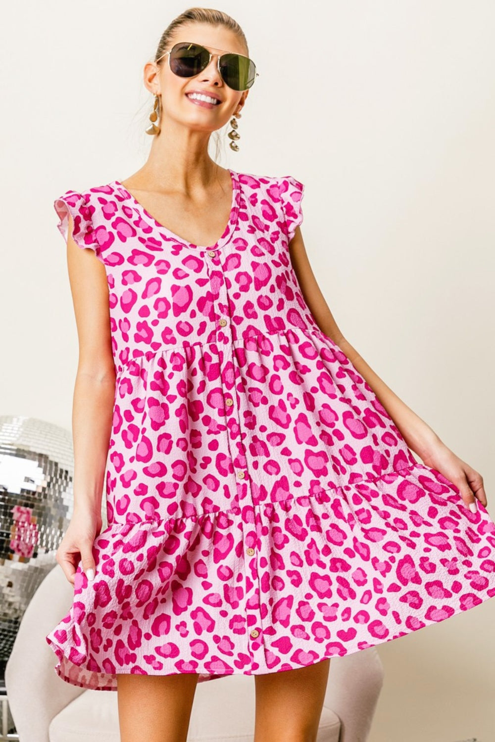 BiBi Leopard Cap Sleeve Tiered Mini Dress - Pink/Fuchsia / S