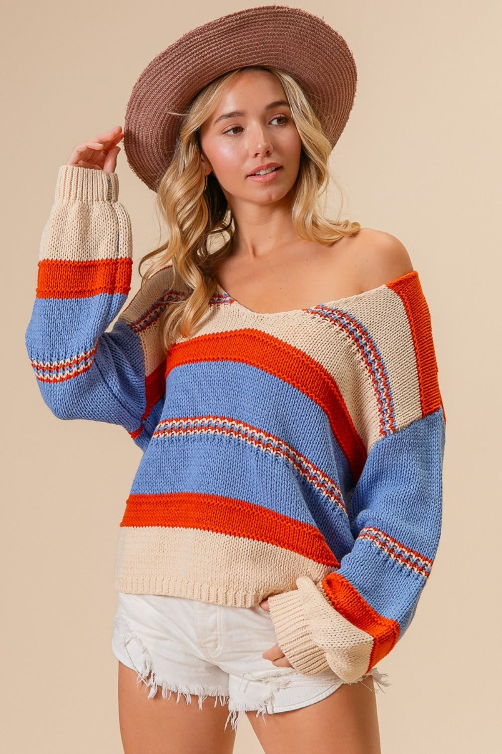 BiBi Multi Color Stripe Scoop Neck Sweater - Rust/Oatmeal/Blue / S