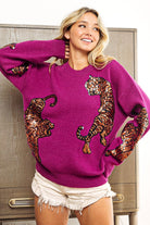 BiBi Sequin Tiger Embroidery Sweater - Plum/Mustard / S