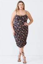 Blue Leopard Plus Size Ruched Floral Square Neck Cami Dress - Black / 1XL