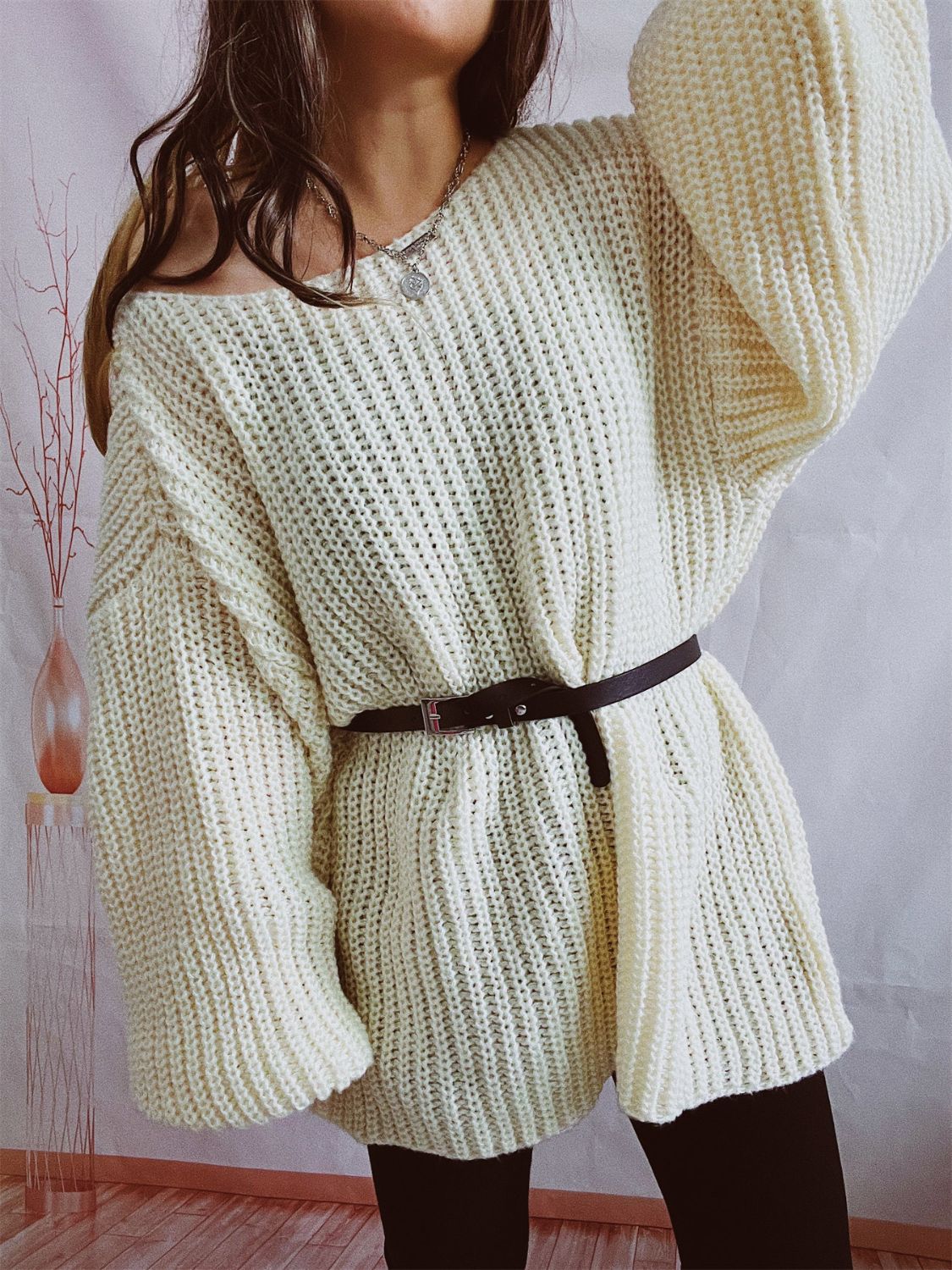 Boat Neck Long Sleeve Sweater with Belt - Beige / One Size