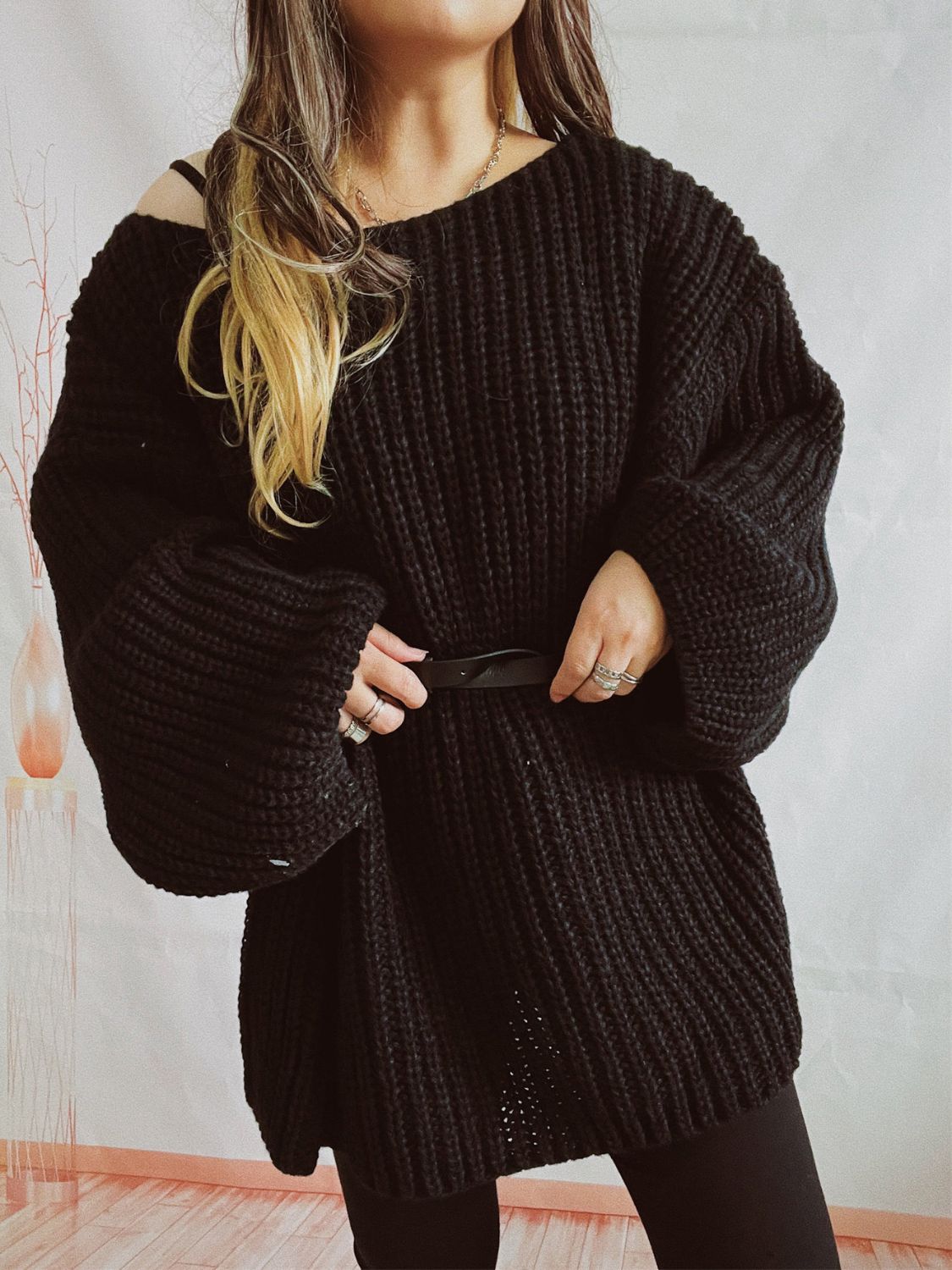 Boat Neck Long Sleeve Sweater with Belt - Black / One Size