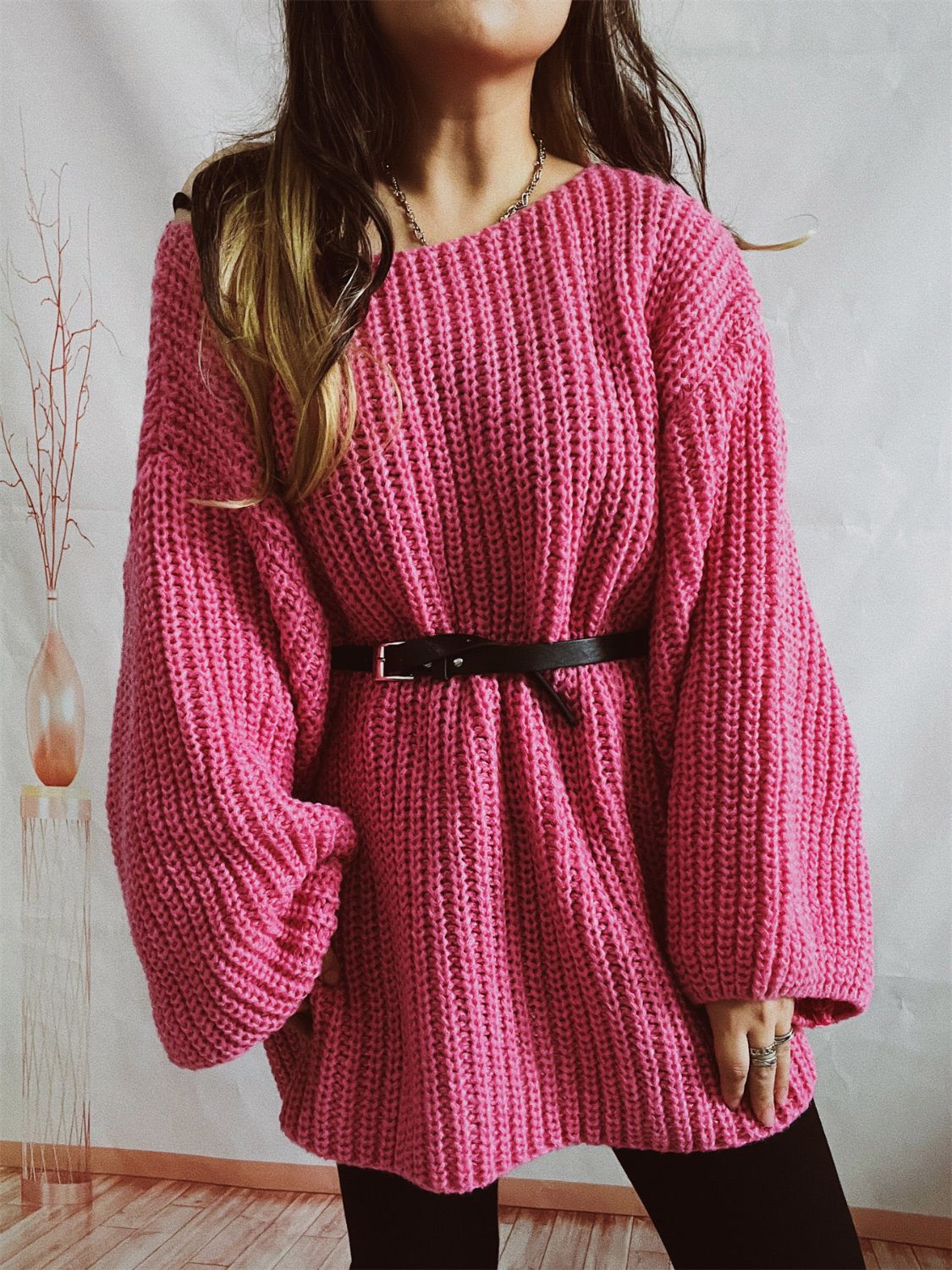 Boat Neck Long Sleeve Sweater with Belt - Hot Pink / One Size