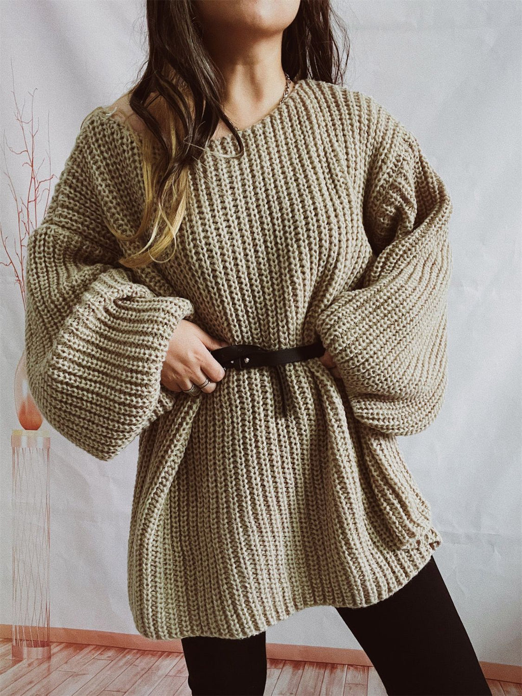 Boat Neck Long Sleeve Sweater with Belt - Khaki / One Size