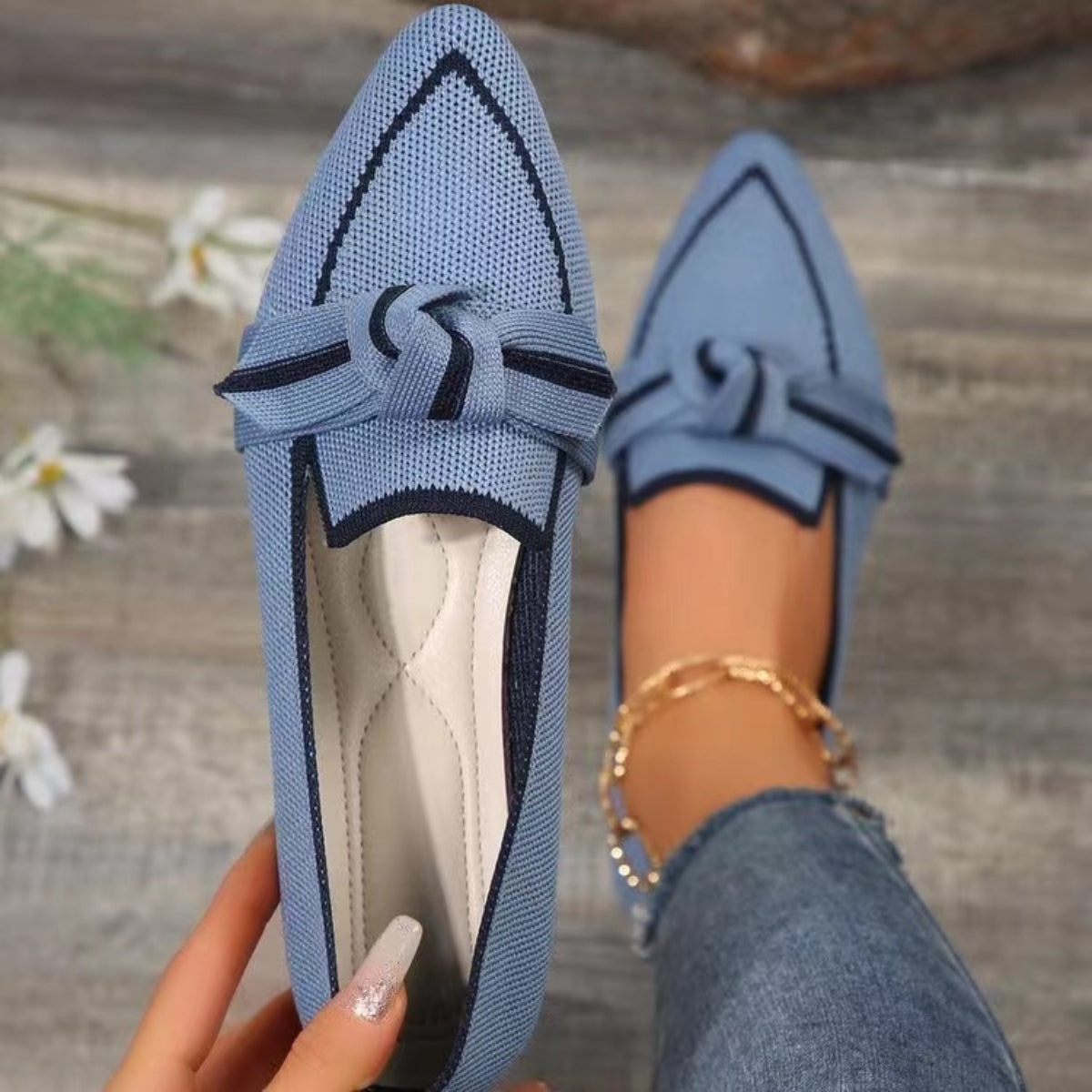 Bow Contrast Trim Point Toe Loafers - Dusty Blue / 36(US5)