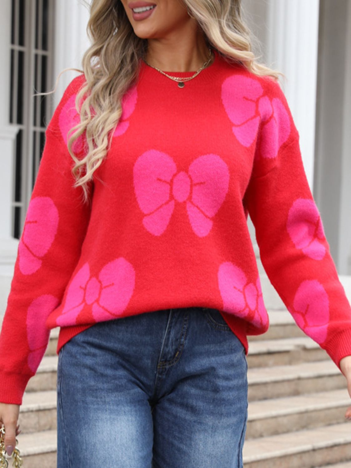 Bow Round Neck Dropped Shoulder Sweater - Red / S