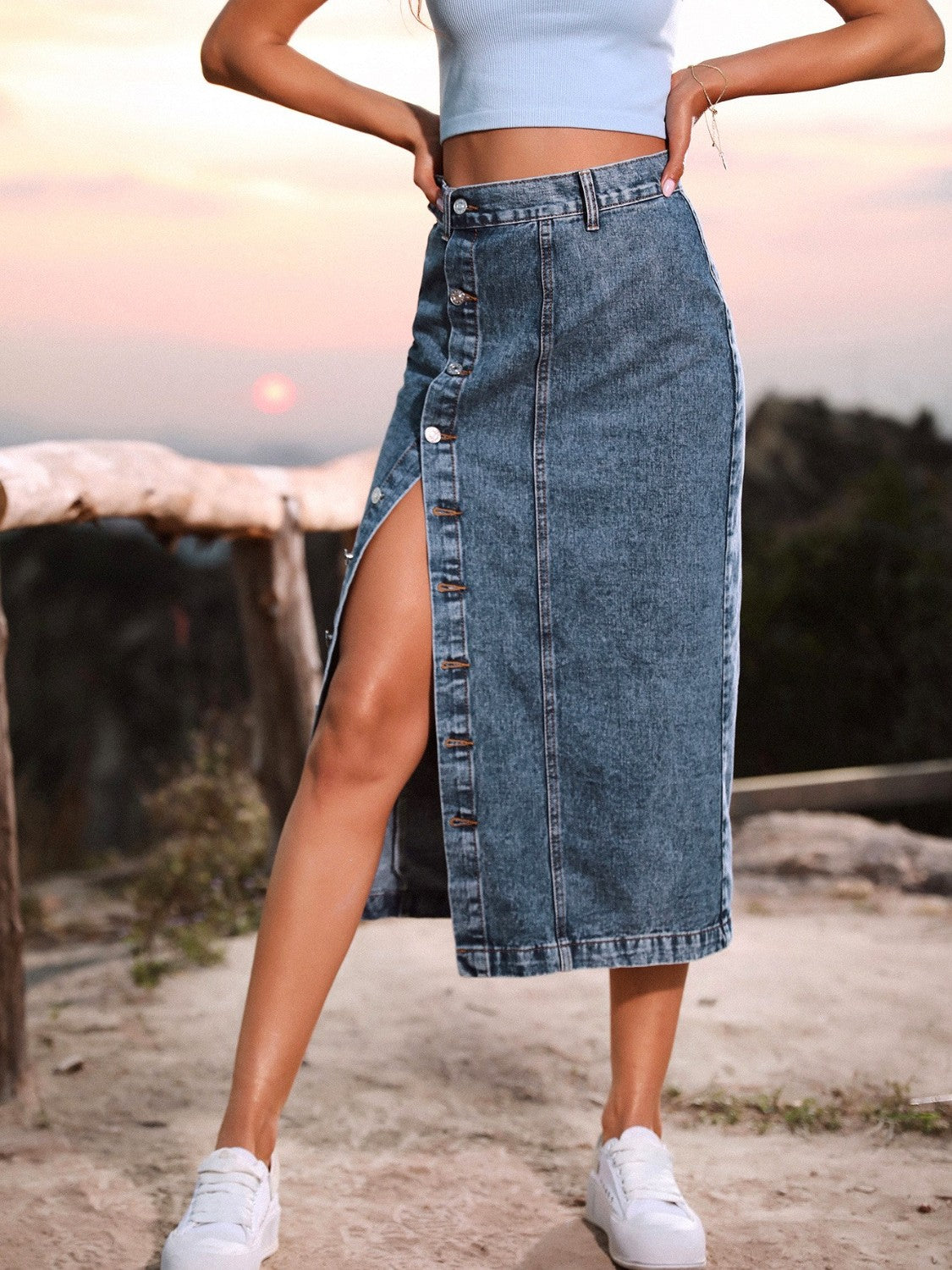 Button Down Denim Skirt - Navy / XS